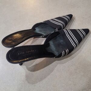 Kate Spade Nina Vintage Black White Striped Pointed Toe Mules Womens Size 7.5 US